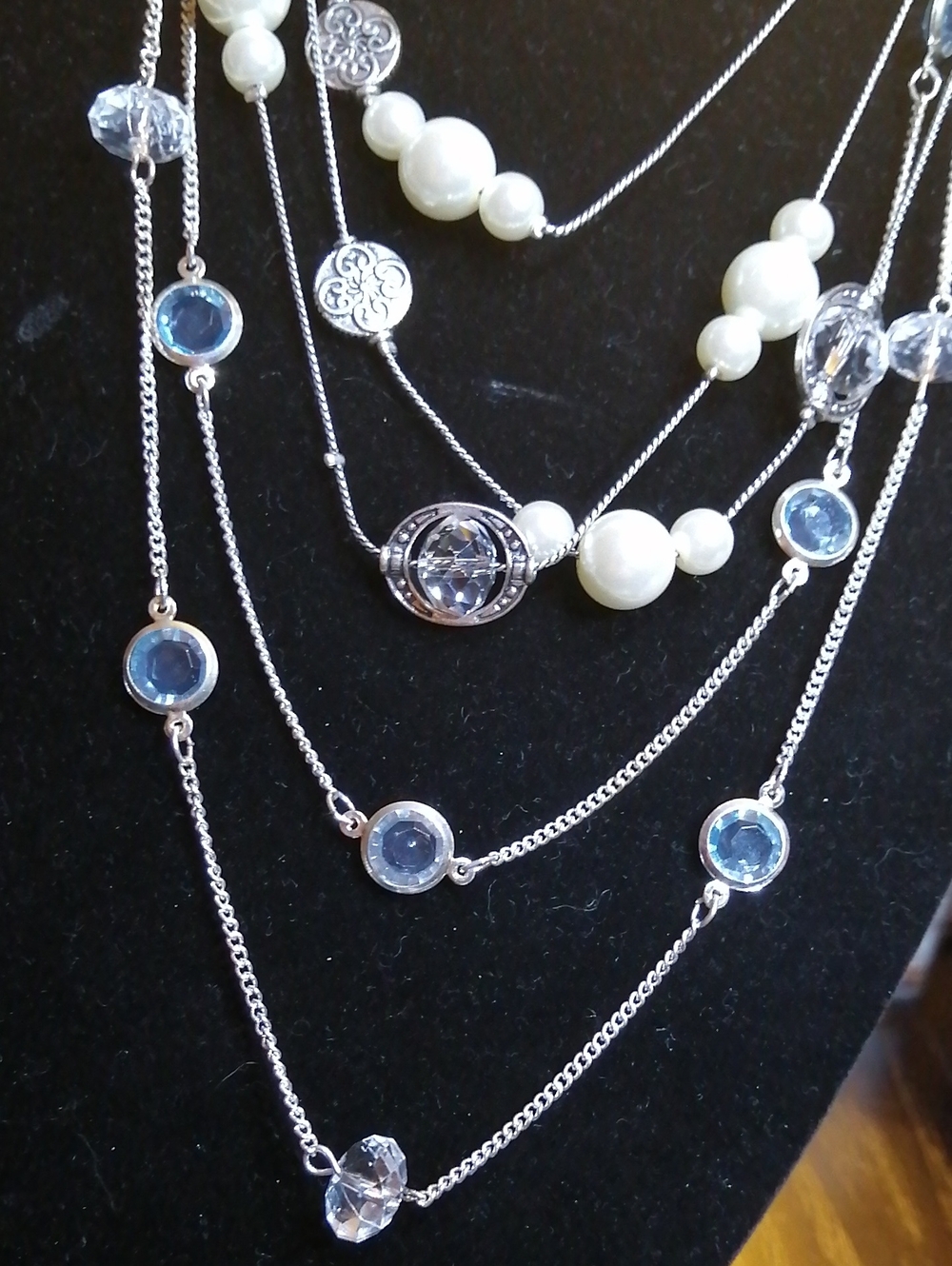 Blue Bezel Crystals & Long Clear Crystals Bezel With Faux Pearls Necklaces Bundl